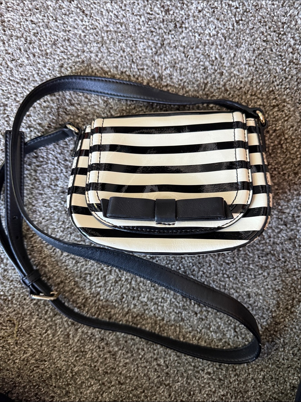 Kate Spade Black and White Striped Crossbody Bag with Bow Accent
